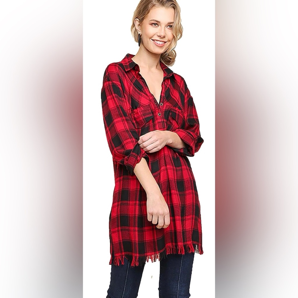 Umgee Red and Black Plaid Button-Up Shirt Dress